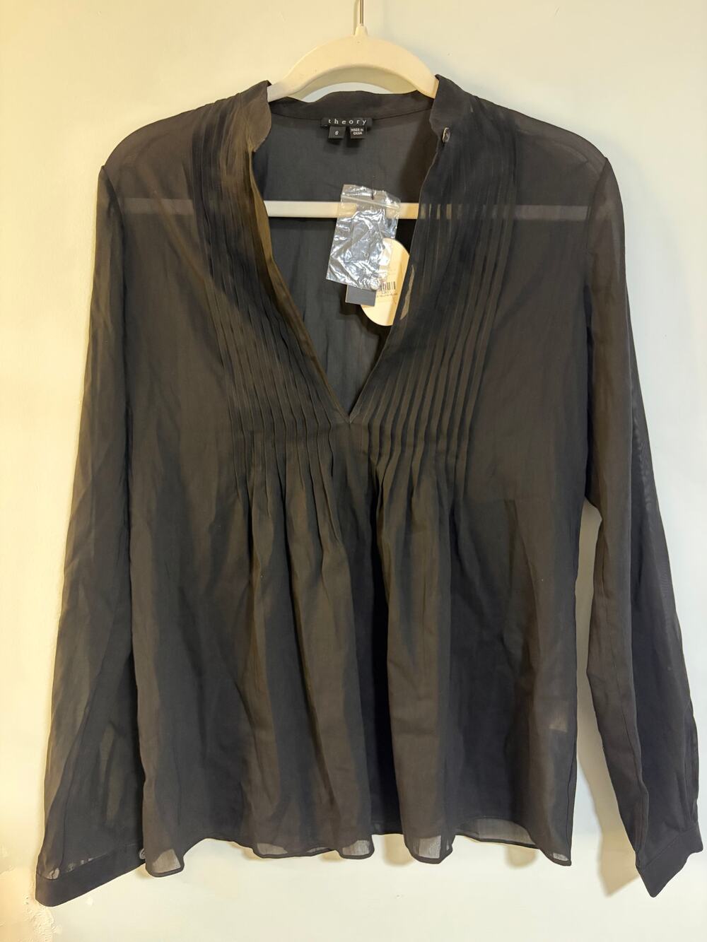 NWT Theory Black Sheer Pleated V Neck Silk Blouse Top Small S $210